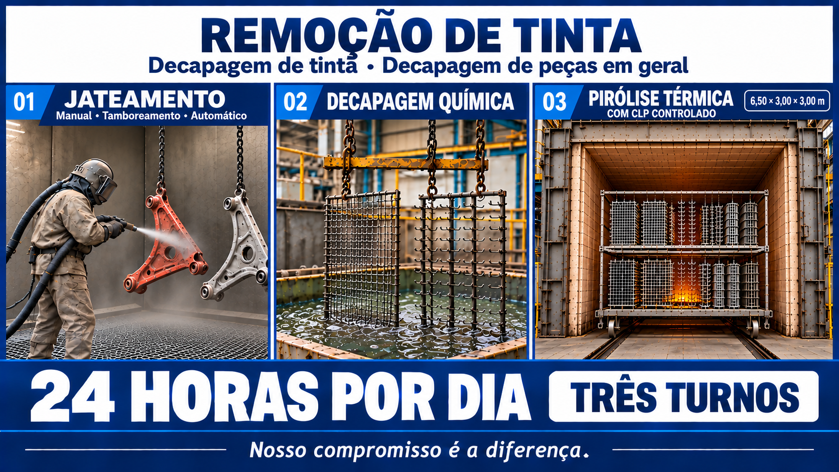 Remoção de tinta: jateamento, decapagem química e pirólise térmica. 24 horas por dia, três turnos.